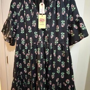 entro Black Dress with Pink Floral & Green Leaves